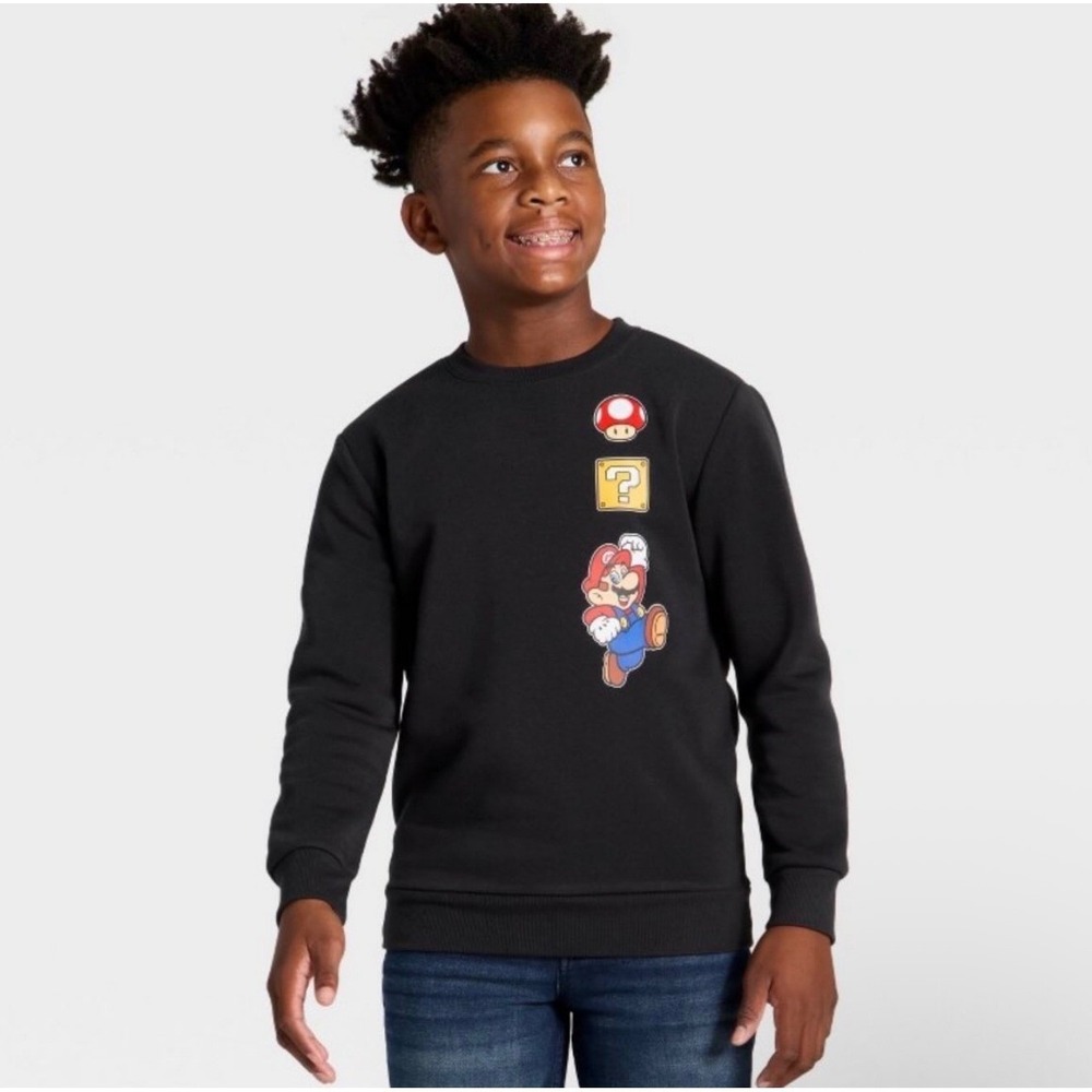 Nintendo Super Mario Boys Black Graphic Sweatshirt Mushroom Questio Block Medium
